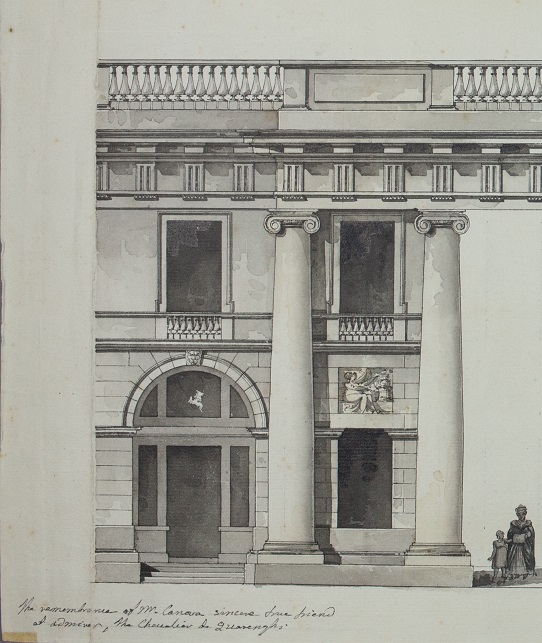 Giacomo Quarenghi Prospetto di edificio monumentale, XVIII-XIX secolo, particolare Penna e acquerello su carta con figure policrome Dono mons. Giambattista Sartori Canova 1851 Bassano del Grappa, Musei Biblioteca Archivio, Racc. Gen. 2.105 Giacomo Quarenghi Prospetto di edificio monumentale