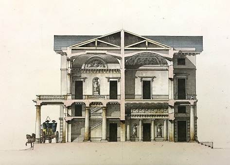 Giacomo Quarenghi, Palazzo per un ricco signore, sezione. Penna, inchiostro e acquerello su carta. Milano, Accademia di Belle Arti di Brera, Gabinetto Disegni e Stampe.