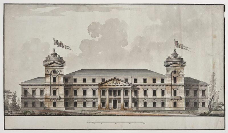 Giacomo Quarenghi (1744–1817) (active in Saint Petersburg)
Nieborów. The Radziwiłł Palace. Facade. Design for unrealised alteration, ca. 1800
drawing on paper, 36,8 × 64,0 cm